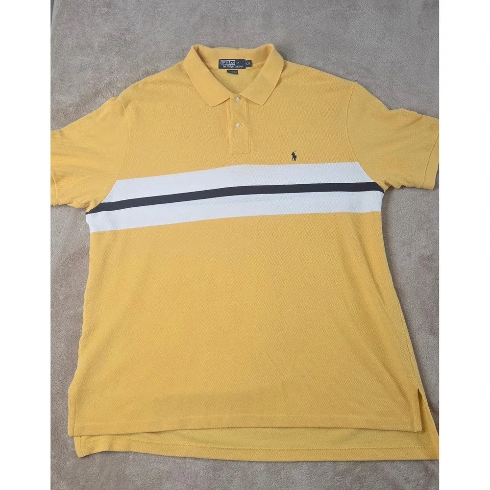 Vintage Polo Ralph Lauren Polo Shirt Mens 2XL yellow Striped Mesh Short Sleeve
